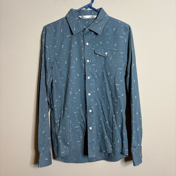 Travis Mathew Long Sleeve Button Shirt Blue Tropical Pineapple Blue Size Small - Picture 1 of 7